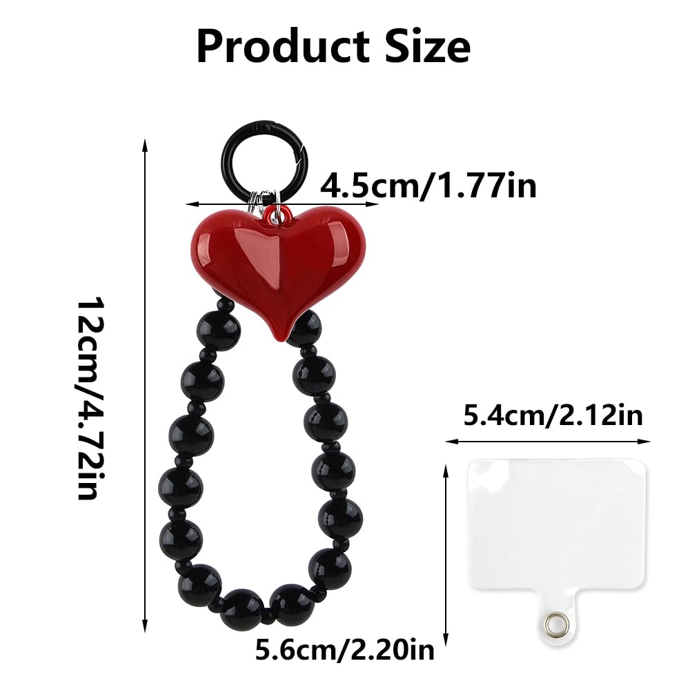 Red Heart Phone Charm Strap Black Beaded Phone Lanyard Cute Bag Charms for Handbags Cellphone Chain Wristlet Heart Bag Charm Purse Keychain for Women Cellphone Keychain Beaded Camera Wrist Strap — view 2