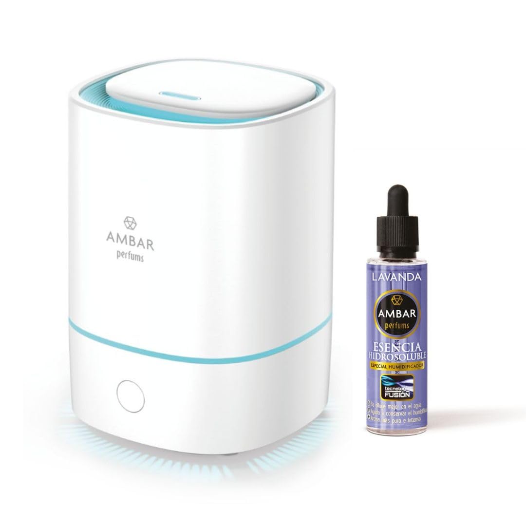 Umidificatore di essenza e diffusore di aromi con luce LED ambrata Profumi + essenza 50 ml. A Scelta - Aromaterapia - Ideale per casa, ufficio e camera da letto (Lavanda)