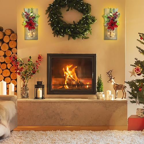 Image of Mason Jars Sconce Decor Rustic Wall Sconces Handmade Wall Art Hanging Design with Remote Control LED Fairy Lights and Red Berry, Xmas Farmhouse Wall Home Decor Living Room Lights Set of Two