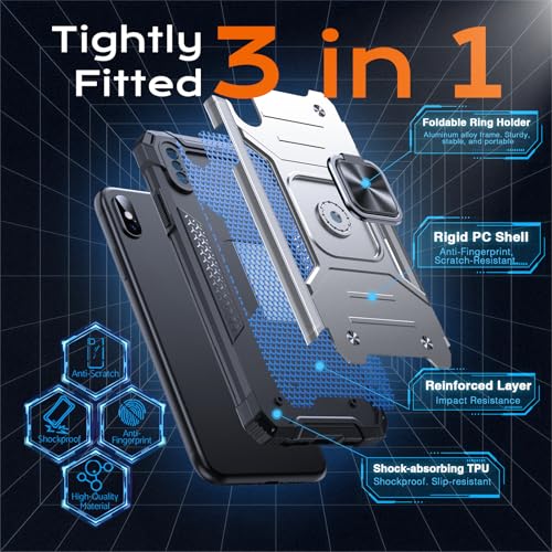 Image of Anqrp Heavy Duty Case for iPhone X /XS Case with Enhanced Ring Holder Grip Stand, Military Grade Shockproof Rugged Drop Protective Silicone Hard Slim iPhone X /XS Phone Case Cover,Silver