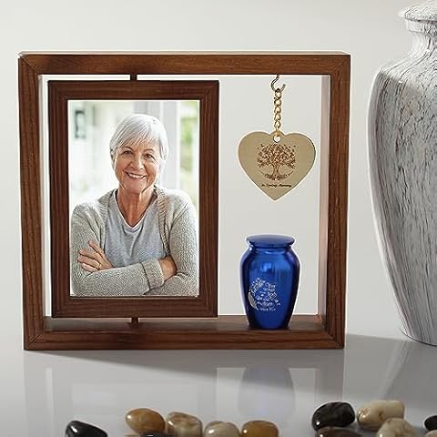 Contid Memorial Picture Frame and Small Urn Set Mini Cremation Urn Sympathy Gifts for Loss of Loved One Frame Hold a 6’’-7’’ Photo Mini Keepsake with, Medium Urn Brown Photo Frame Cover