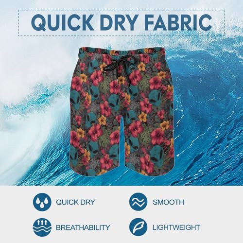 Hawaiian Shorts for Men - Comfy Hawaiian Floral Alien Print Mens Swim Trunks Bathing Suits with Mesh Lining3