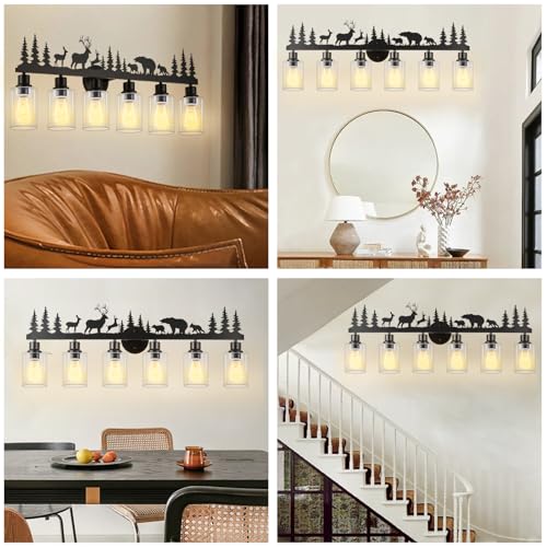 Image of Rustic Bathroom Light Fixtures, 6-Light Farmhouse Vanity Lamp with Deer and Bear Design, Black Wall Lighting with Clear Glass Shade for Bathroom, Hallway, Kitchen, Porch
