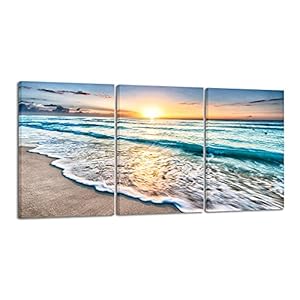 Wieco Art 3 Panels Blue Beach Sunrise White Wave Pictures on Canvas Wall Art Modern Stretched and Framed Seascape Canvas Prints Seaview Artwork for Home Office Decorations Wieco Art 3 Panels Blue Beach Sunrise White Wave Pictures on Canvas Wall Art Modern Stretched and Framed Seascape Canvas Prints Seaview Artwork for Home Office Decorations