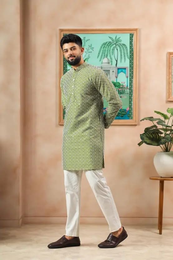 Image of LookMark Men's Printed Silk Blend Kurta with Mandarin Collar, Full Sleeves, Straight Fit Traditional Ethnic Wear