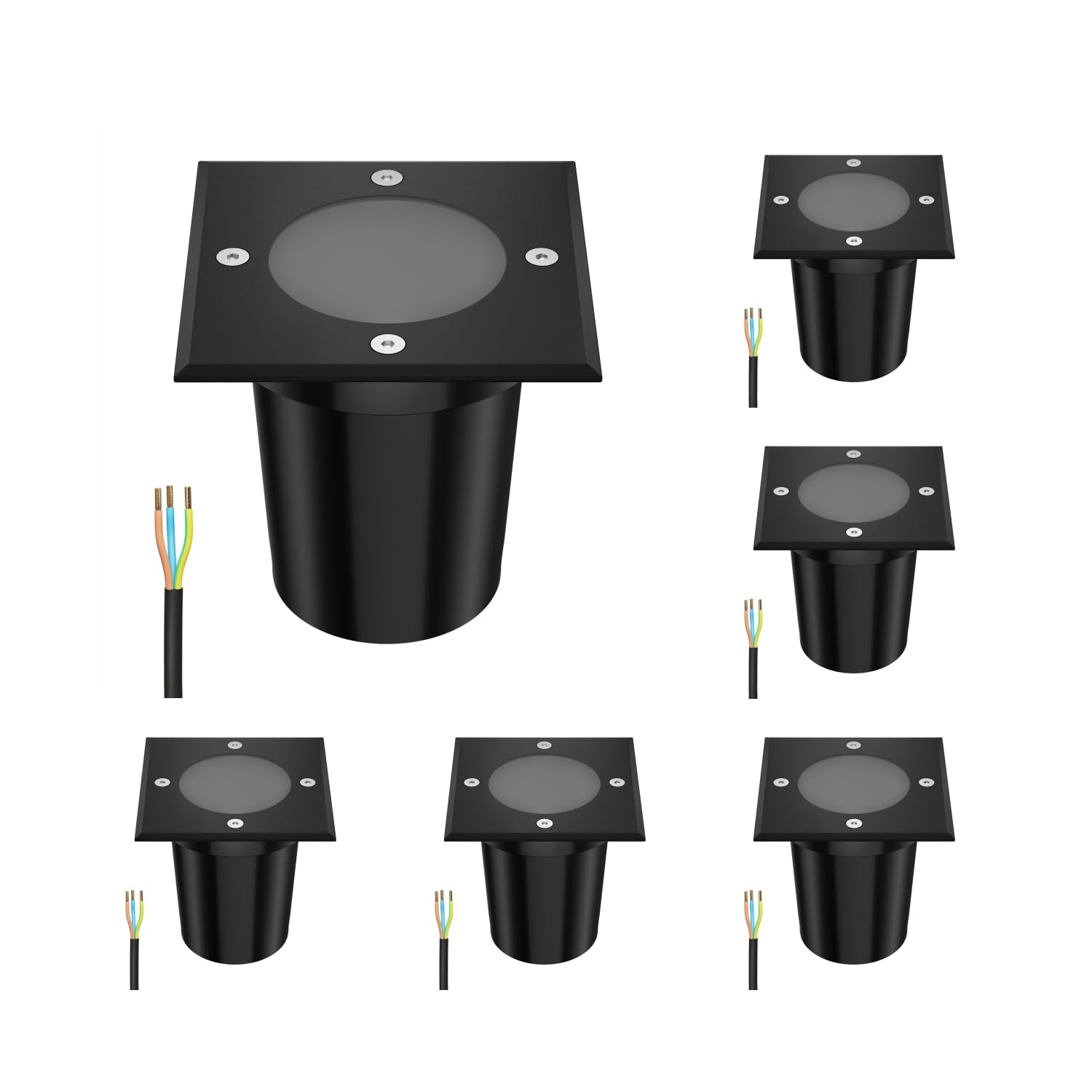 ledscom.de 6 pcs. recessed Floor Light RELI for Outdoors, IP67, Black, Angular, 11 x 11cm, 1x GU10 max. 15W, Frosted