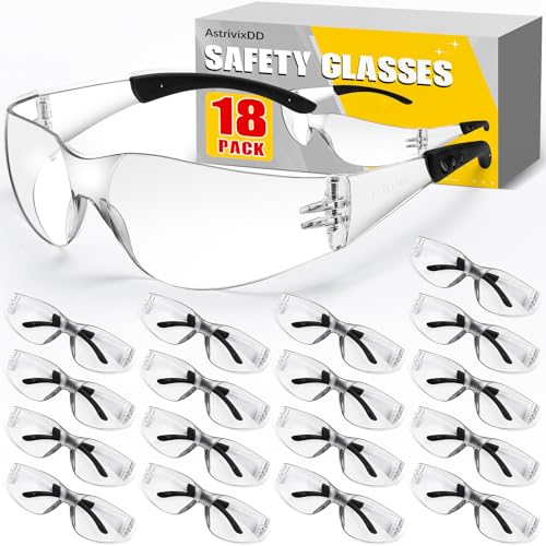 AstrivixDD 18 Pack Clear Safety Glasses, ANSI Z87.1 Scratch Resistant Saftey Glasses Bulk for Men Women, Clear Impact Resistant Eye Protection Glasses for Work, Lab, Construction, Lightweight