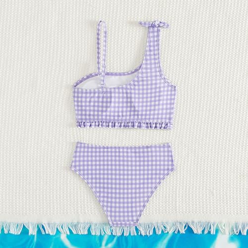 Girls 2 Piece Swimsuit Kids Cute Knotted One Shoulder Ruffle Plaid Bikini Sets Bathing Suit Beach Summer Swimwear3
