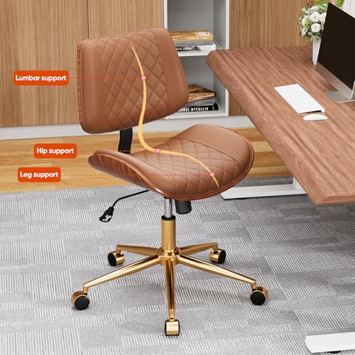Image of Armless Office Chair with Back, Mid Century Modern Small Desk Chair, No Arms Leather Computer Chair for Home Office, Swivel Vanity Chair, Rolling, Adjustable Height (Light Brown)