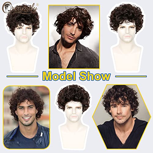 Creamily Peruca masculina curta marrom encaracolado perucas totalmente cabelo com franja peruca de r