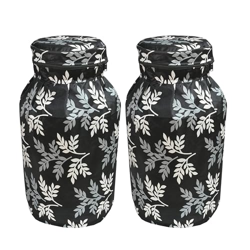 Image of Woah Cotton DustProof and Dustproof LPG Gas Cylinder Cover| Top Design Stain| Dust| DustProof PVC LPG Gas Cylinder Cover, Polyester Gas Tank Cover Fits StandardG (Pack of 2, Black Leaf)