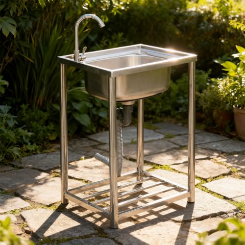 Simpolu 【幅54cm】 屋外 流し台 ステンレス ガーデンシンク 蛇口付き 作業台 キッチン 庭作業用 簡易 水栓付き 高さ調節 調理台 組み立て簡単 収納棚付き 庭 ガーデニング DIY 頑丈 (幅54cm,シルバー)