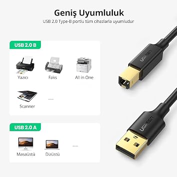Ugreen USB den USB-B ye Yazıcı Tarayıcı Kablosu, 1 Metre