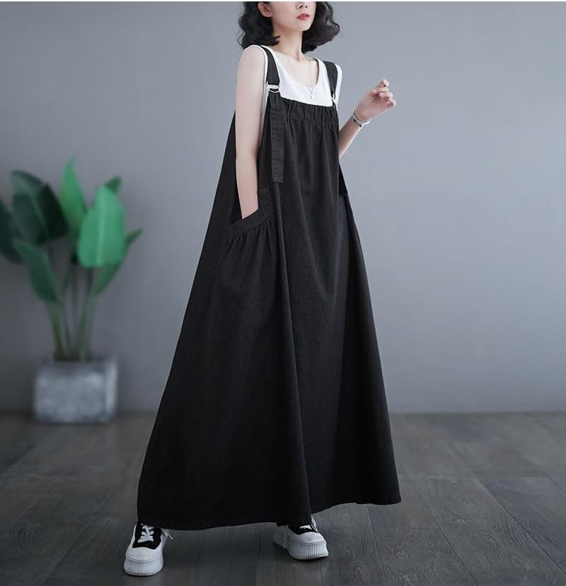 Denim Jumper Dress for Women Loose Version Baggy Style Maxi Length Adjustable Straps Wide Hemline - Image 3