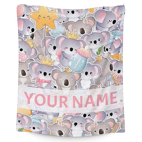 Personalized Koala Blanket Gifts with Name - 60"x80" Cute Throw for Women, Girls - Colorful Soft Fuzzy Blankets for Bed, Couch & Living Room