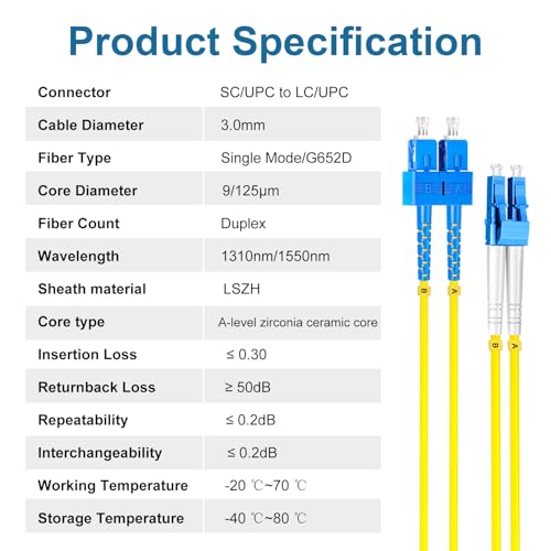 Lebrudos 5Pcs 3 Meter Fiber Optic Patch Cord SC UPC to LC UPC, Duplex Single Mode Fiber Cable Jumper OS2 G652D 9/125μm, 1310nm/1550nm LSZH 3.0mm by Lebrudos - Image 7