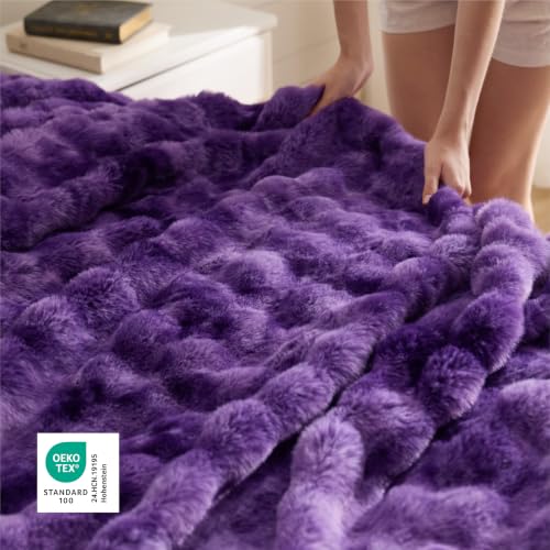 Image of Bedsure Fluffy Bubble Faux Fur King Blanket, 104 inchx90 inch, Tie-dye Purple