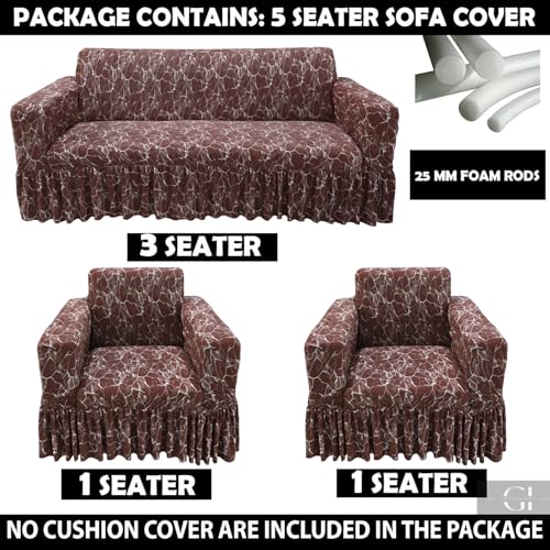 Image of Gifts Island Sofa Cover Set Marble Design 5 Seater Fully Covered Universal Polycotton Spandex with 360 Frill Non-Slip Sticky Elastic Stretchable Sofa Slipcover for Livingroom (Brown Marble)