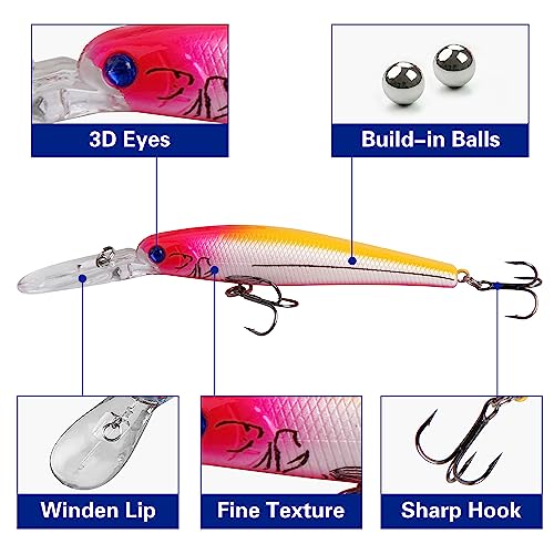 Minnow Fishing Lures Hard Baits, 10pcs Lifelike Swimbaits for Bass Fishing Diving Jerkbait Sinking Lures with Treble Hooks for Walleye Trout Catfish Redfish Pike Saltwater Freshwater