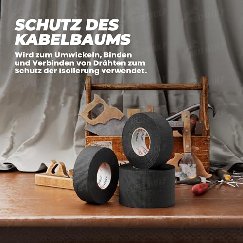 RED WOLF Isolierband Hitzebeständig Kfz Gewebeband Auto Kabel Klebeband Elektrische Kabel Stoffband Selbstklebendes Mehrzweckfilzband 15m x 25mm 5 Stück