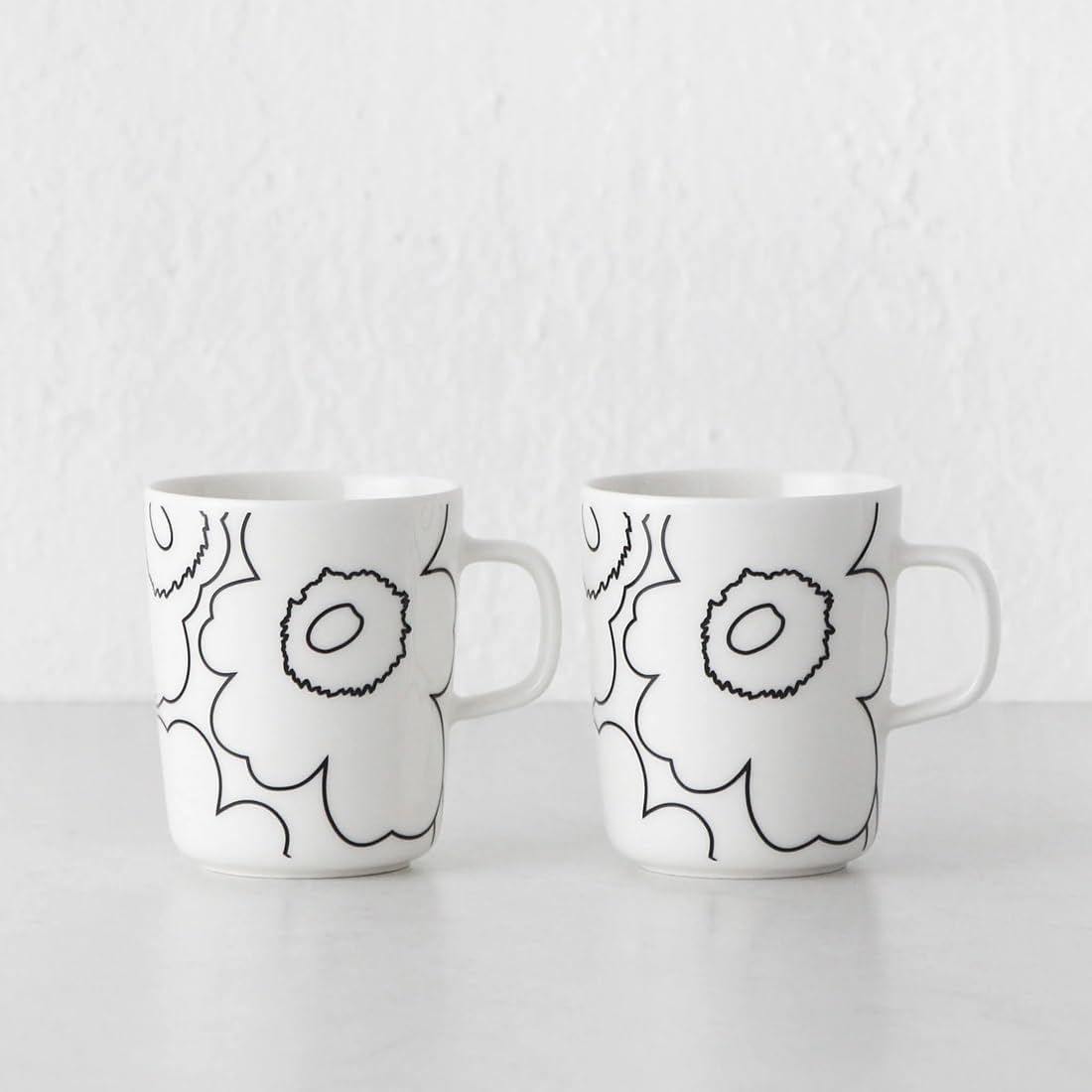 MARIMEKKO Oiva/Unikko Set of 2 White/Black Stoneware Mugs | Oiva/Piirto Unikko Coffee, Tea, Consommé 2-Cups (8.8oz each) Oven Microwave Dishwasher