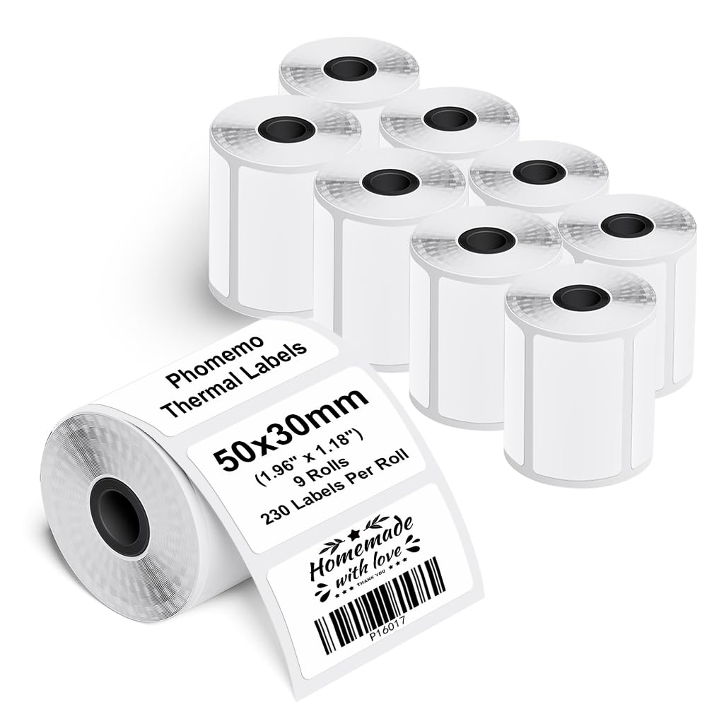Phomemo M110/M200/M220/M221 termiczny etykiety samoprzylepne, 1.96"x1.18"(50x30mm) Papier do etykiet Phomemo M110/M200/M220/M221. 230 etykiet na rolkę. (9 Rolki)