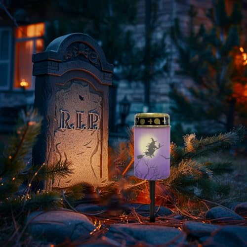 Image of 2 Pcs Witch Cemetery Solar Lights Flameless Candles | Waterproof Grave Lights Cemetery Decor, Halloween Solar Powered Landscape Light for Grave Memorial Gift, Outdoor Use