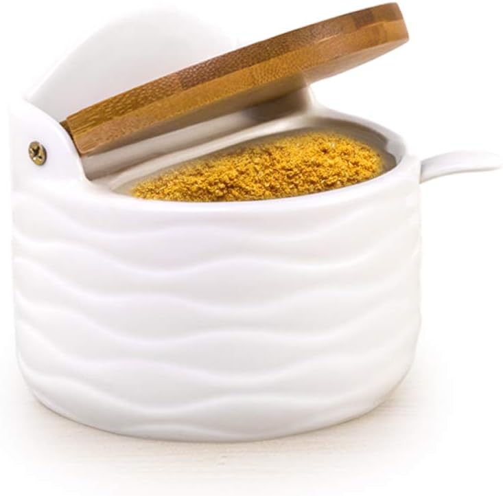 Lucky Goddness Ceramic Sugar Salt Bowl with Bamboo Lid and Spoon, 9.1 fl oz Porcelain Container Jar for Pepper with Chalkboard Label, for Housewarming