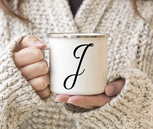 Andaz Press Stainless Steel 11oz. Campfire Coffee Mug Gift, Elegant Black Monogram Initial Letter J, 1-Pack, Christmas Letter Birthday Camping Camp Cup, Includes Gift Box - Thumbnail 4