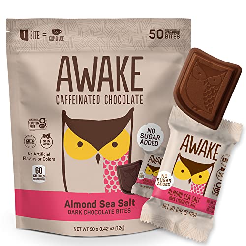Awake - Caffeinated Chocolate Bites - 50Mg Of Caffeine - Bite-Size Energy Bars - Low-Calorie Snacks - Keto - Gluten-Free - Non-Gmo - Coffee Alternative - Almond Sea Salt Dark Chocolate - 50 Bites #TOP4