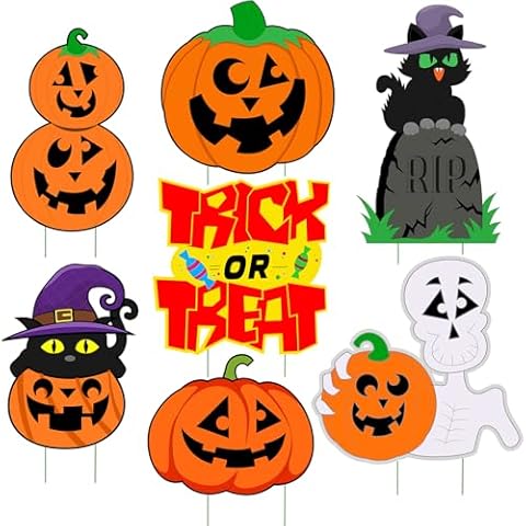 Halloween Pumpkin Decorations, Halloween Outdoor Yard Signs, Monster Stakes for Lawn Garden Decor with Pumpkin, Black Cat, Skull, TRICK OR TREAT 7 pcs Cover