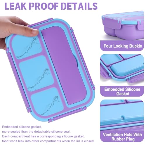 Image of shell and turtle Bento Box for Kids Girls Boys, Bento Box Adult Lunch Box with 4 Compartments, Lunch Containers with Utensils, Sauce Jar, Muffin Liners for School, 40 Oz /5 Cup, Purple