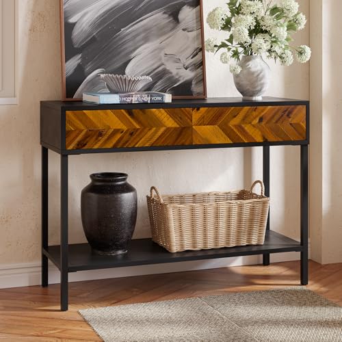 Image of Bme Vivian Console Table with 2 Drawers, Solid Acacia Wood Entryway Table, Rustic Golden Brown Mid Century Modern Sofa Table with Storage, Solid Wood Hallway Table for Living Room or Foyer