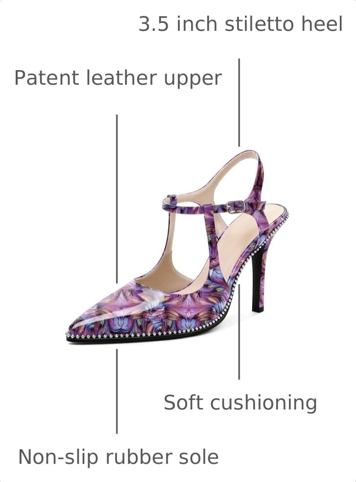 Image of SAMMITOP Womens High Heels Ankle Strap Pointed Toe Stilettos Patent Leather Beaded Pumps Dress Shoes 3.5 Inch