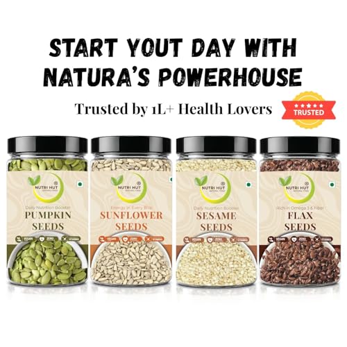 Image of Nutri Hut Seeds Combo Pack of 4 - Flax, Sesame, Pumpkin & Sunflower Seeds | 200g Each | Raw & Natural | Rich in Omega-3, Protein & Fiber | Ideal for Snacking, Salads & Healthy Recipes (200g x 4)