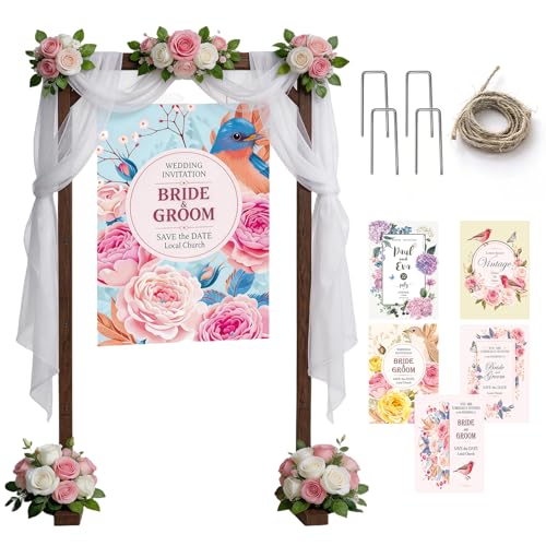 JOYOUSQ Wedding Welcome Sign Stand Adjustable Wooden Sign Holder Stand Heavy Duty Wood Easel with Poster Design Templates & Ground Stakes for Wedding Bridal Baby Shower Birthday Party