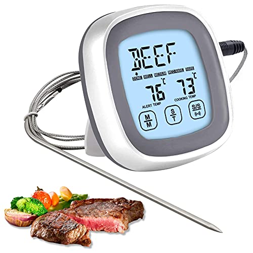 LIVETTY Digital Fleischthermometer mit Berühren, Bratenthermometer Sofort Lesen Grillthermometer mit LCD Display, Sofortiges Alarm Timer Küchenthermometer für Küche, Grill, BBQ, Steak,Ofen Cover