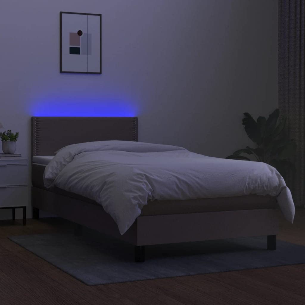 Cama individual con somier, 90 x 190 cm, en color topo con luces LED, cabecero de altura ajustable, colchón de muelles ensacados y cubrecolchón para jóvenes invitados dormitorio