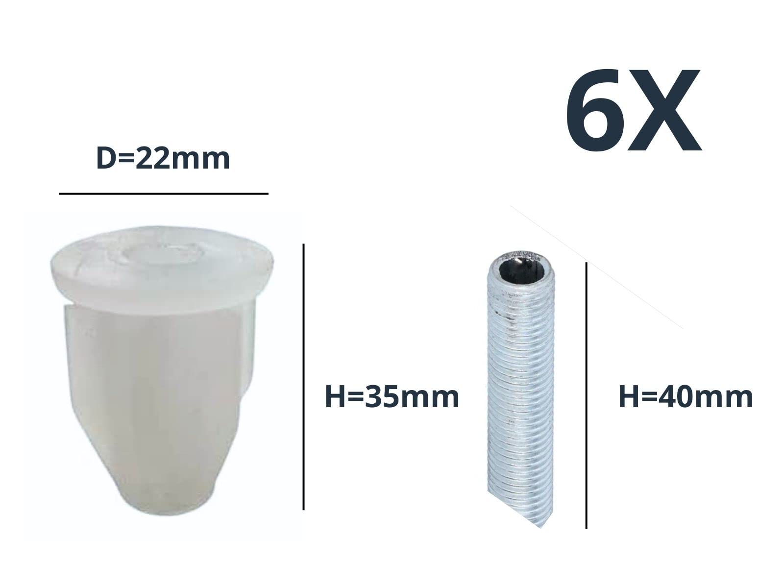 Kit da 6 adattatori per collo di bottiglia completo di 6 barre filettate M10 da 40mm