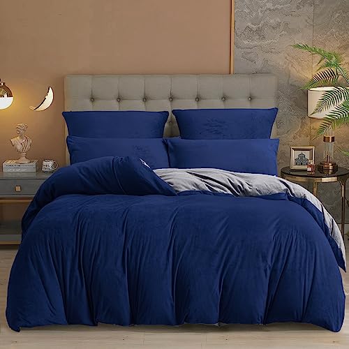 YASMENG Housse de Couette Flanelle 220x240 Hiver Chaude Bleu Foncé Gris Polaire Parure de Lit Flanelle Doux Douillet Duveteux Linge de Lit 2 Personne avec...