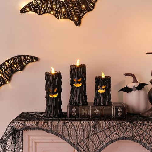 Image of Halloween Ghost Decor: Black Scary Ghost Face Candle Holder Halloween Table Decor with LED Lights, Spooky Decorations Indoor for Desk Office Mantel Home Fireplace Shelf Farmhouse Party Gifts Kids