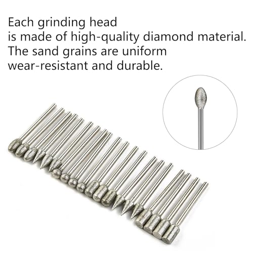 VZU Diamant Fräser Set, 20 Stück Diamant Frässtifte mit 1/8 Schaft Schleifaufsätze für Dremel Rotationswerkzeug, Diamant Schleifstifte für Stein, Glas, Keramik, Schleifen, Polieren und Gravieren