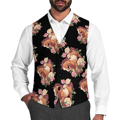 Running Horse Rose Men's Suit Vests Business Formal Dress Vest V-Neck Waistcoat for Wedding Casual