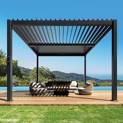 10' x 10' Outdoor Aluminum Louvered Pergola with Adjustable Roof, Upgraded Side Short-Rod Control, Easy Assembly, Modern Hardtop Gazebo for Patio, Deck, Backyard, Garden