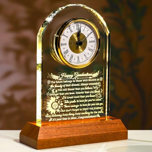 Image of Ornalrist Graduation Glass Clock Gifts for Him Her Graduation Keepsake with Wooden Light Base Class of 2026 Inspirational Graduate Gift for College High School Masters PHD Graduation Presents