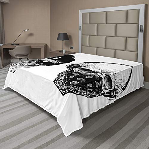 Ambesonne Skull Flat Sheet, Funny Skull Band Dead Street Gangs with Bandanna Hood Rapper Style Grunge Print, Soft Comfortable Top Sheet Decorative Bedding 1 Piece, Queen Size, Black White