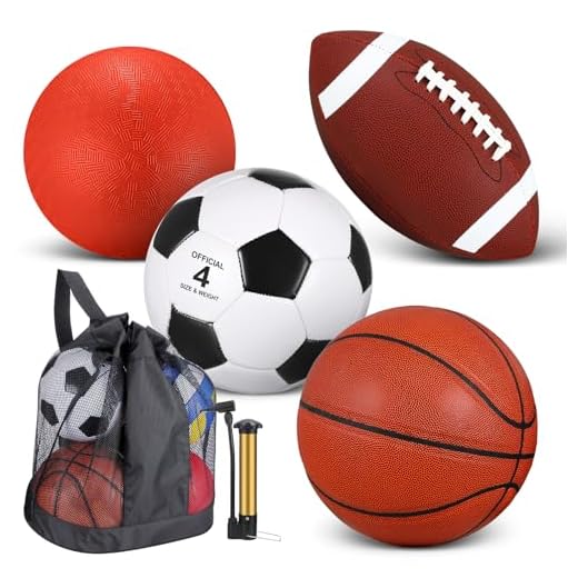 4 Pcs Sport Balls Set for Kids Teens, Include Size 5 Basketball Size 4 Soccer Size 6 Football Playground Ball and Pump, Sports Equipment Bag Christmas Sport Gift for Kids(Normal Color)