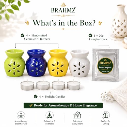 Image of BRAHMZ Ceramic Oil Burner Set of 4 with 20gm Bhimseni Camphor - Aroma Oil Diffuser for Essential Oils, Aromatherapy, Home Fragrance, Meditation, Spa, Yoga & Gifting (with Bhimseni Camphor)