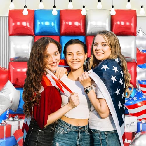 Image of 37Pcs Veteran Day Patriotic Party Decorations,Red White and Blue Square Foil Balloons Wall Decorations with 18 inch American Flag Star Balloons for Veteran Day Party Supplies