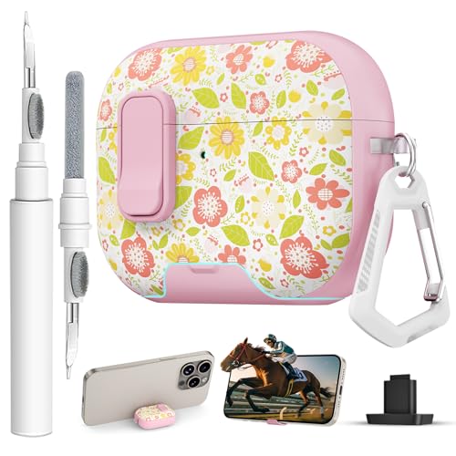 Image of for AirPods Pro 3 Case with Lock & Phone Stand,Cute Floral Pattern Style | PC & TPU Dual Layer Protective Cover with Keychain & Cleaner Pen for Apple AirPod Pro 3rd Generation Women (Rhubarb Petals)